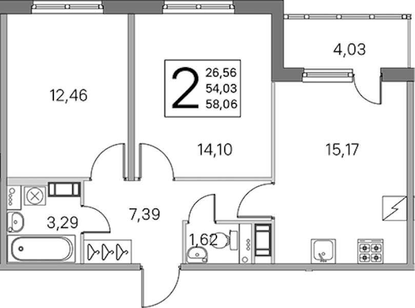 2-комнатная квартира 54.03 м², 3/5 эт., ЖК «ЮгТаун. Олимпийские кварталы»
